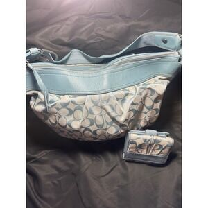 Coach SoHo Signature Blue Jacquard Pleated Hobo Handbag and Matching Wallet